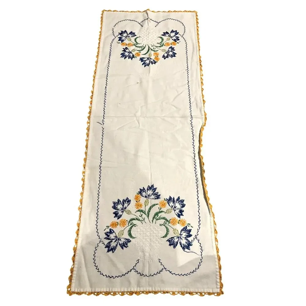 Vtg Ivory Embroidered Floral Linen Cotton Blend Crochet Edging Table Runner 38”